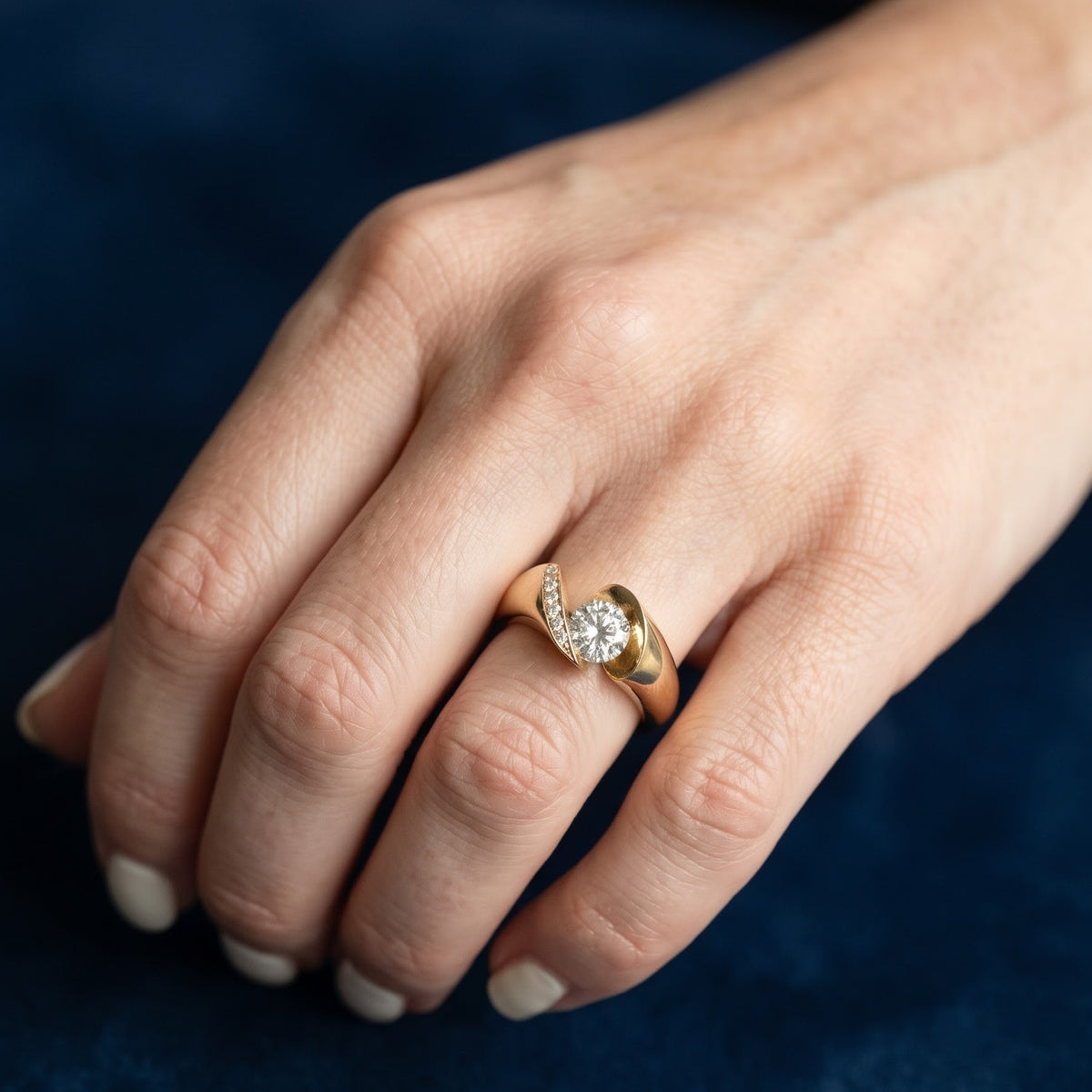1CT Round Cut IGI Certified Lab Grown Diamond Engagement Ring, Unique Modern Art Deco 14K Solid Gold Ring